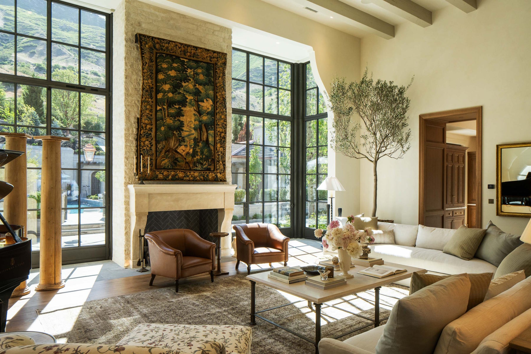 Soft traditional living room with couches and fireplace