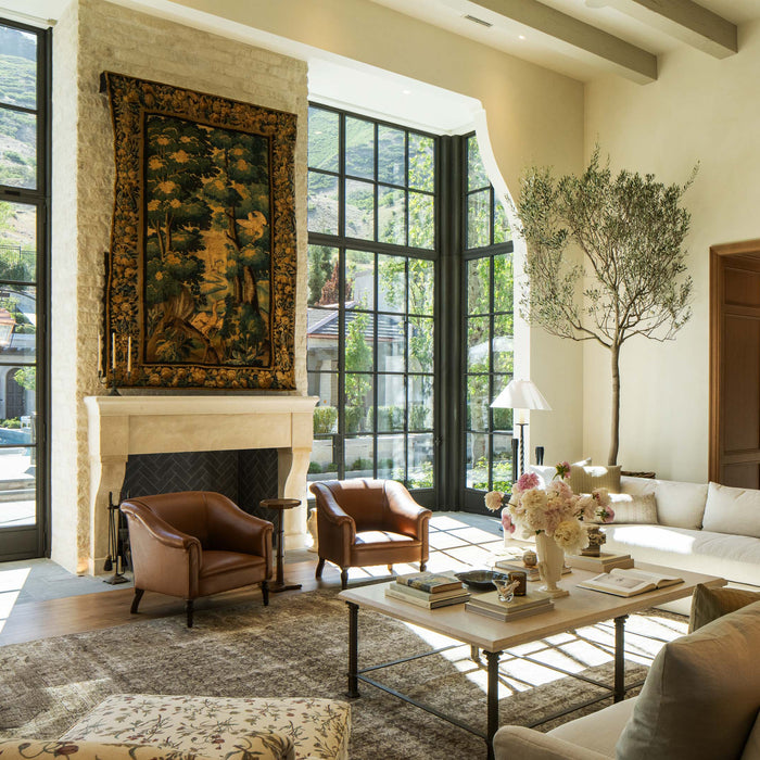 Soft traditional living room with couches and fireplace