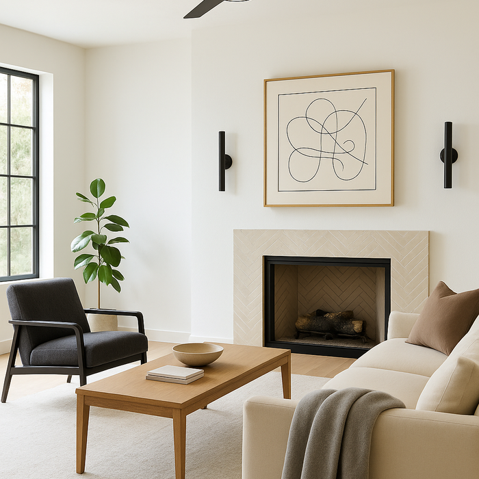 Black three blade ceiling  fan hangs in a neutral-toned living room