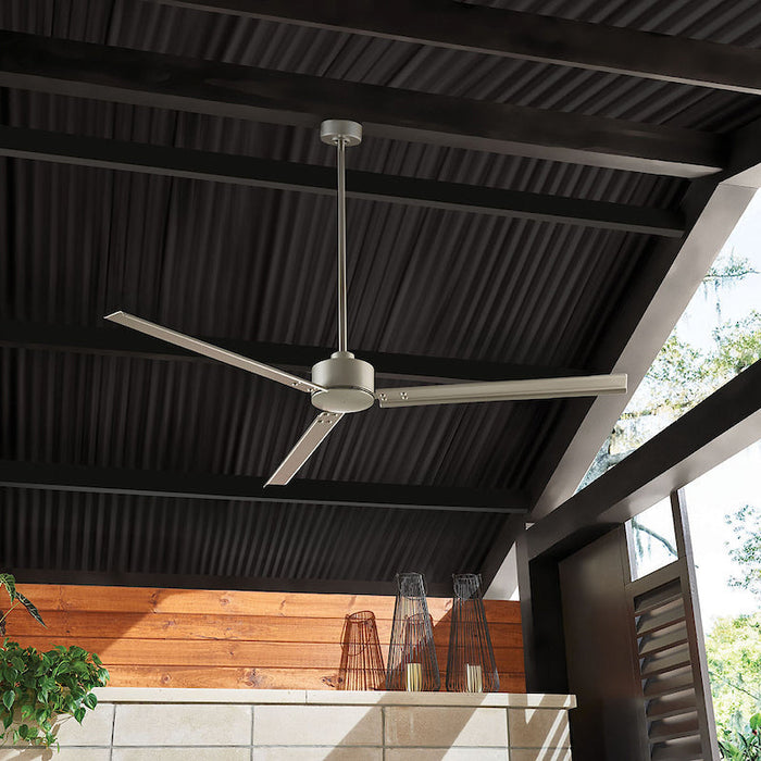 Three blade silver ceiling fan hanging from a black vaulted celing