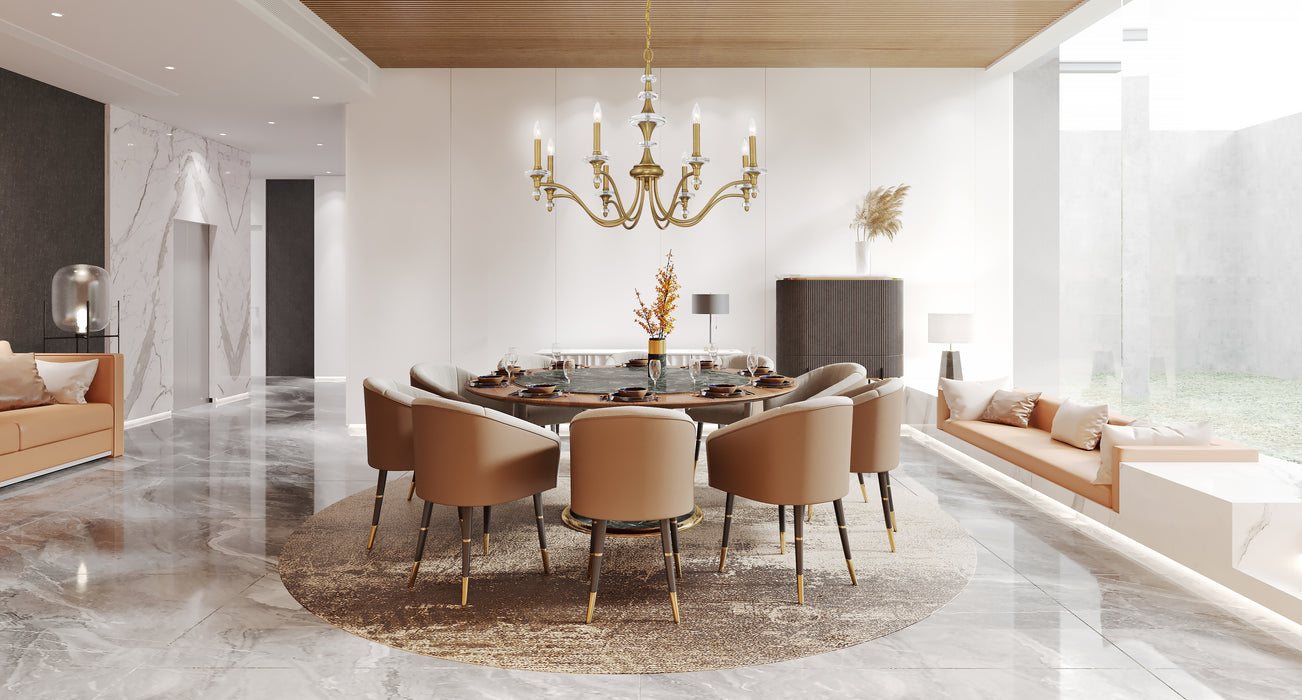 Modern dining room with marble flooring, wooden ceiling, and elegant furniture.