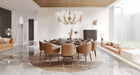 Modern dining room with marble flooring, wooden ceiling, and elegant furniture.