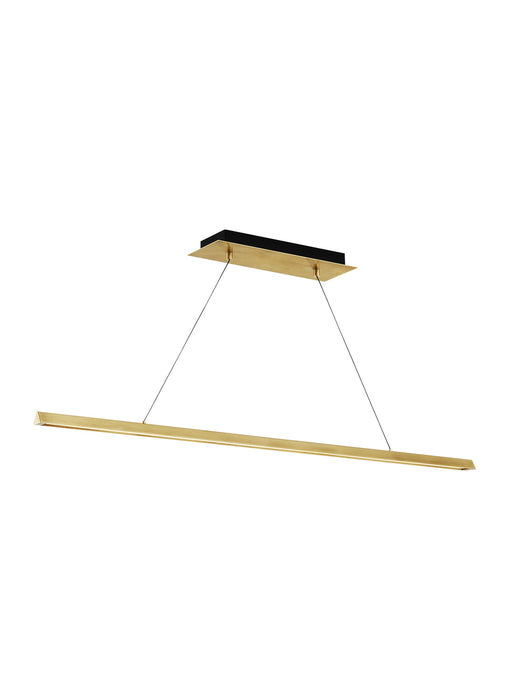Gold linear light fixture with two cords holding a gold bar
