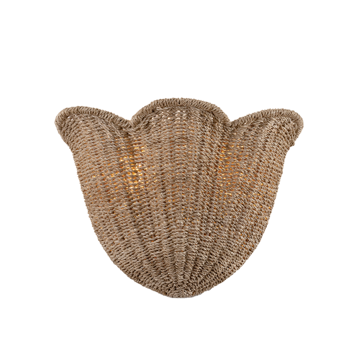 Woven wall light fixture with a natural brown finish on a white background
