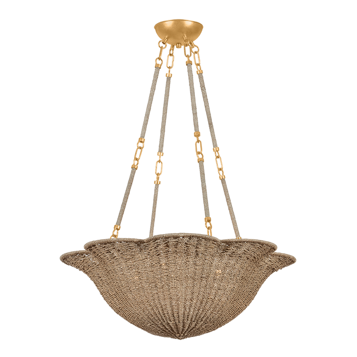 Decorative hanging basket with gold chains on a white background