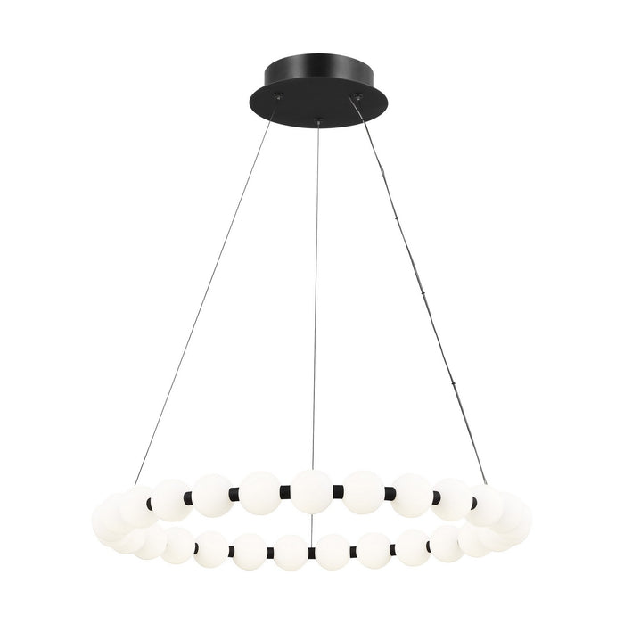 Modern circular chandelier with two tiers of frosted globe lights suspended by thin cables from a black ceiling mount.
