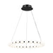 Modern circular chandelier with two tiers of frosted globe lights suspended by thin cables from a black ceiling mount.