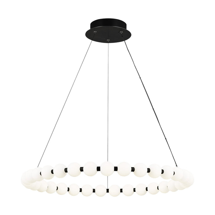 Modern pendant light with multiple round bulbs on a white background