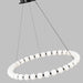 Modern pendant light with white spherical bulbs on a gray background