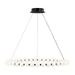 Black light fixture with wire cords holding a black ring with white glass