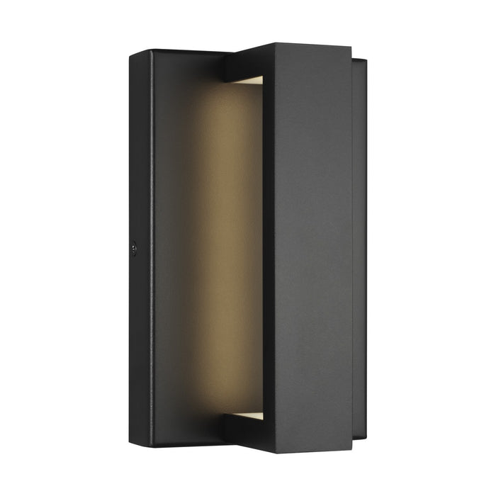 Black metal modern exterior sconce with integrated led lights and square panel on front.