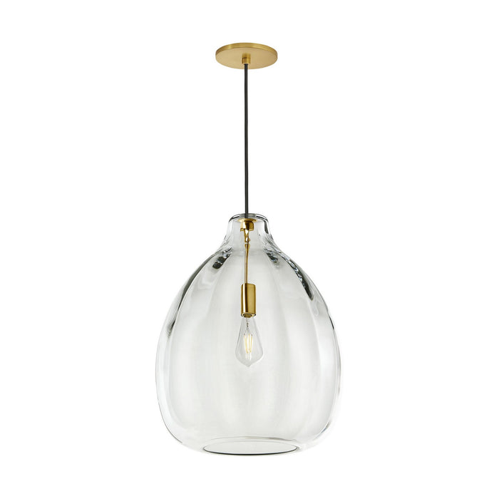 Clear glass pendant light with gold accents on a white background