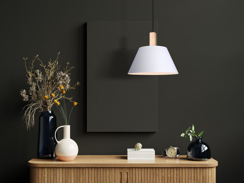 Canarm - IPL1124A01BWW - One Light Pendant - Harlyn - Matte Black, Matte White, And Real Wood