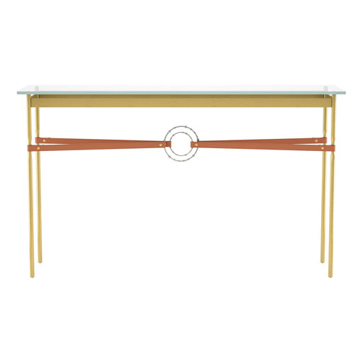 Desk featuring brown leather belt centerpiece and glass top, gold legs, modern mid-century inspired.