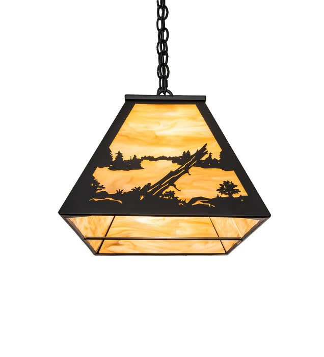 Meyda Tiffany - 268496 - Six Light Pendant - Deer At Lake - Black Satin Wrought Iron