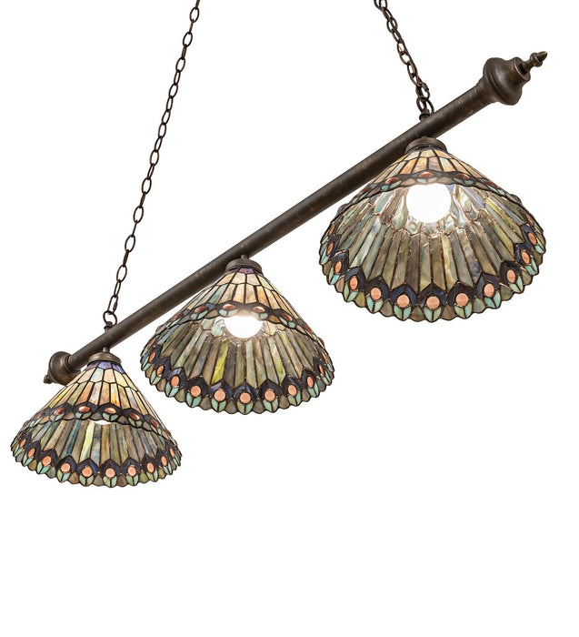 Meyda Tiffany - 270445 - Three Light Island Pendant - Tiffany Jeweled Peacock - Antique Brass