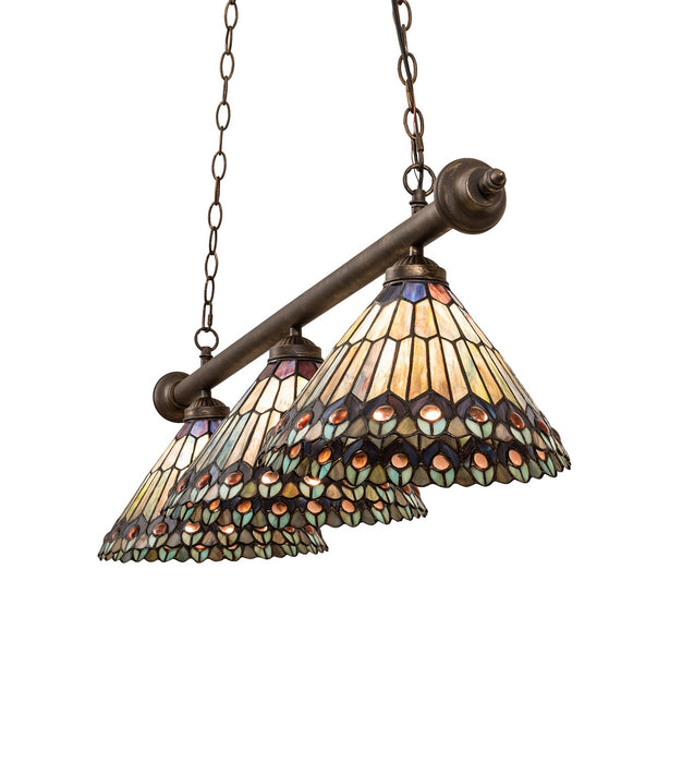 Meyda Tiffany - 270445 - Three Light Island Pendant - Tiffany Jeweled Peacock - Antique Brass