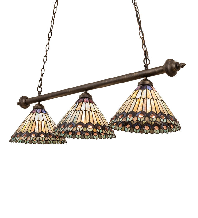 Meyda Tiffany - 270445 - Three Light Island Pendant - Tiffany Jeweled Peacock - Antique Brass