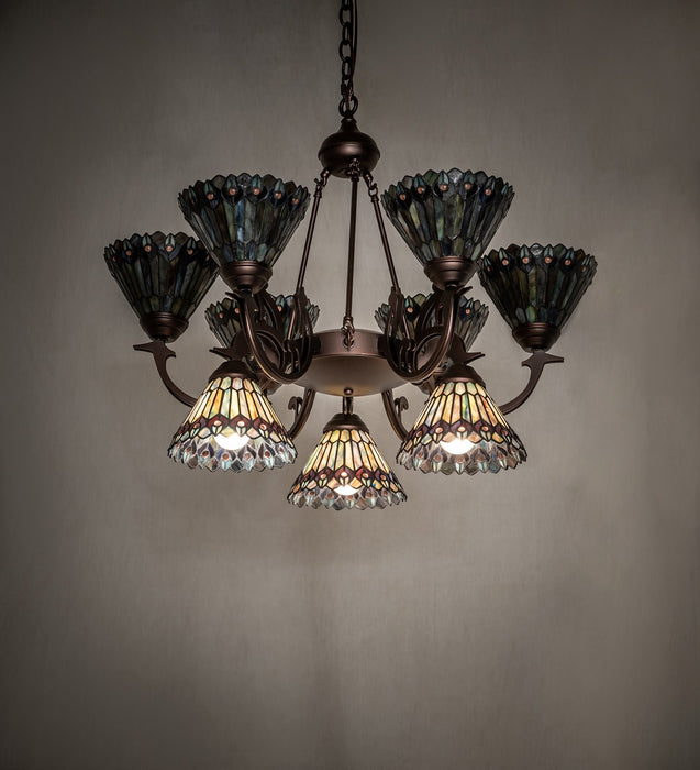 Meyda Tiffany - 270138 - Nine Light Chandelier - Tiffany Jeweled Peacock - Mahogany Bronze