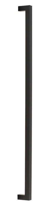 Black rectangular pull handle on a white background