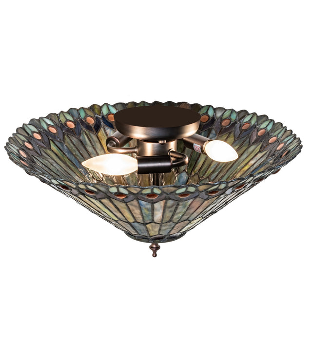 Meyda Tiffany - 274068 - Three Light Flushmount - Tiffany Jeweled Peacock