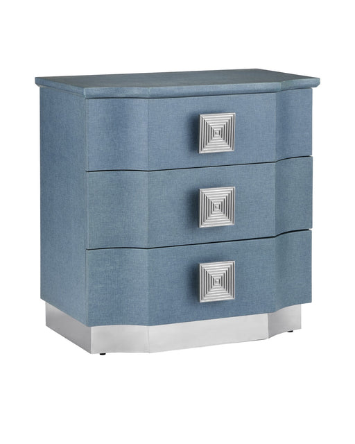 Currey and Company - 3000-0282 - Chest - Maya - Lacquered Blue Linen/Washed Mahogany/Polished Stainless Steel