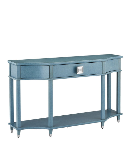 Currey and Company - 3000-0283 - Console Table - Maya - Lacquered Blue Linen/Washed Mahogany/Polished Stainless Steel