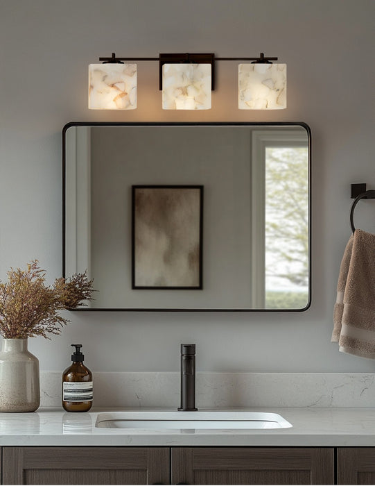 Justice Designs - ALR-8443-55-DBRZ - Three Light Bath Bar - Alabaster Rocks - Dark Bronze