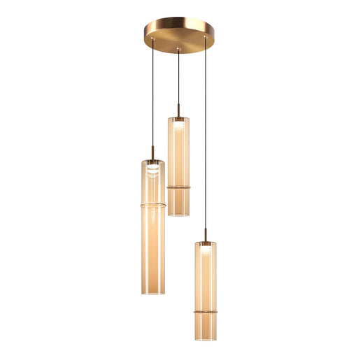 Bambu Three Light Pendant Aged Gold Brass + Amber Glass