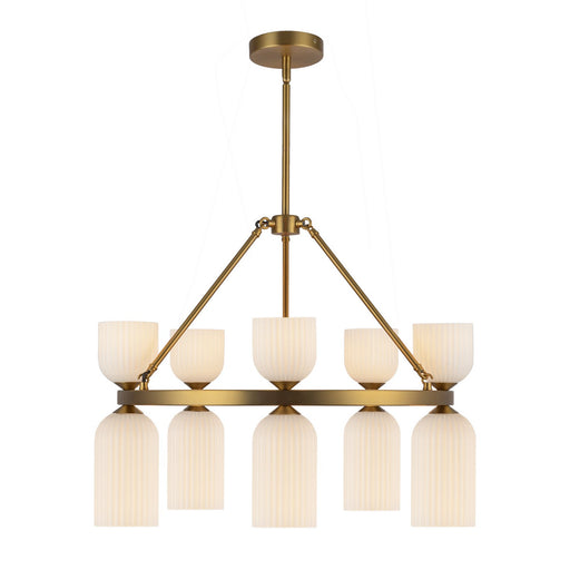Nelly Ten Light Chandelier Brushed Gold/Glossy Ribbed Opal Glass