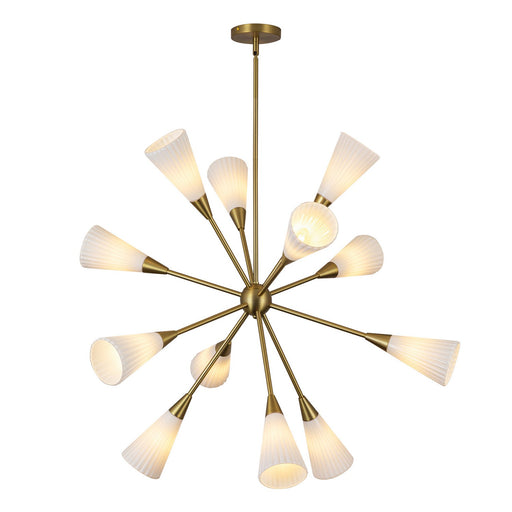Cosmo 12 Light Chandelier Brushed Gold/Glossy Ribbed Opal Glass