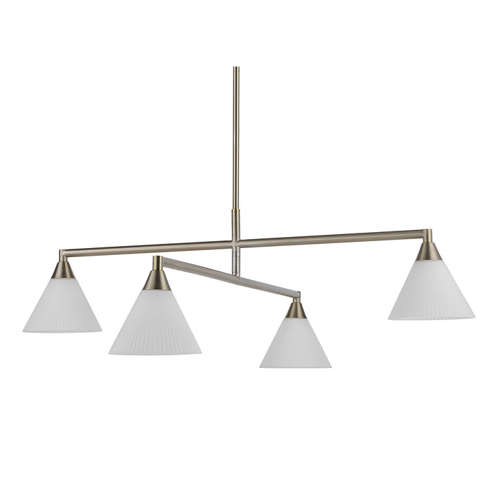 Modern linear chandelier with brushed nickel finish and four white pleated cone shades.
