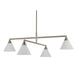 Modern linear chandelier with brushed nickel finish and four white pleated cone shades.