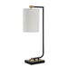 Modern black and gold table lamp with a white cylindrical shade and minimalist curved metal frame.