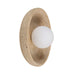Wall light with a round white globe set in a curved beige stone frame.