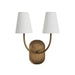 Brass double wall sconce with curved arms and white tapered fabric shades.