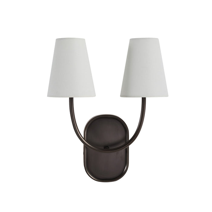 Dark bronze double wall sconce with curved arms and white tapered fabric shades.