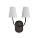 Dark bronze double wall sconce with curved arms and white tapered fabric shades.
