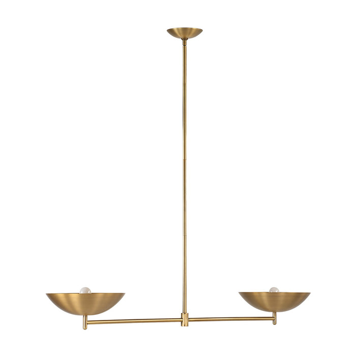 Modern brass linear chandelier with two shallow bowl shades and exposed globe bulbs.