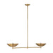 Modern brass linear chandelier with two shallow bowl shades and exposed globe bulbs.