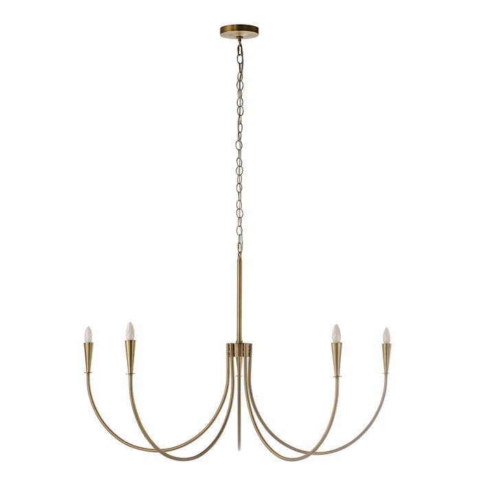 Modern brass chandelier with five curved arms and candle-style bulbs.