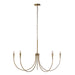 Modern brass chandelier with five curved arms and candle-style bulbs.