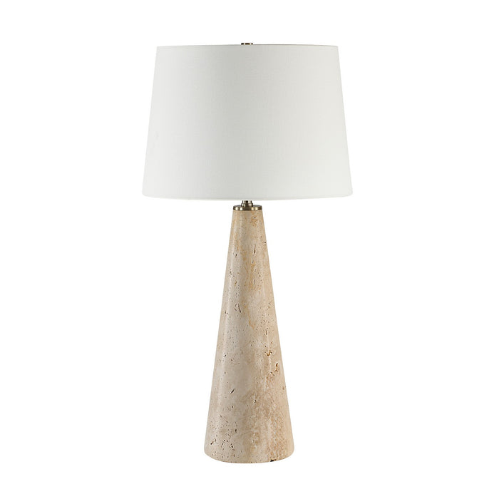 Modern table lamp with a tapered natural stone base, brushed metal accents, and a wide white fabric lampshade.