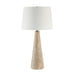 Modern table lamp with a tapered natural stone base, brushed metal accents, and a wide white fabric lampshade.