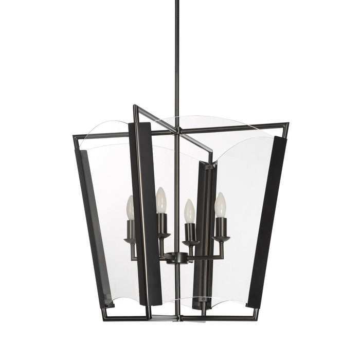 Modern black lantern pendant light with angular glass panels and four candle-style bulbs.