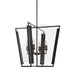 Modern black lantern pendant light with angular glass panels and four candle-style bulbs.