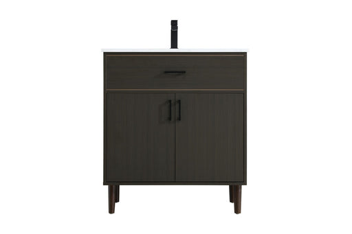 A dark brown wooden bathroom vanity with one drawer and two cabinet doors.