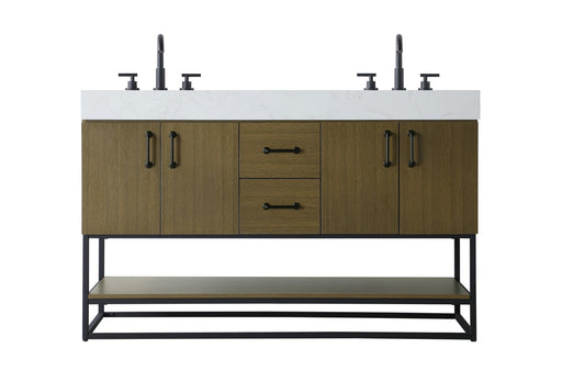 Brown wooden bathroom vanity with white marble top and black metal frame