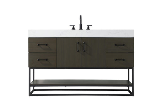 A bathroom vanity with a white marble countertop, dark wood cabinets, and black metal frame.