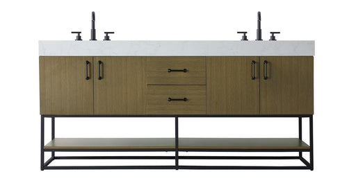 A brown wooden vanity with a white marble top and two sinks
